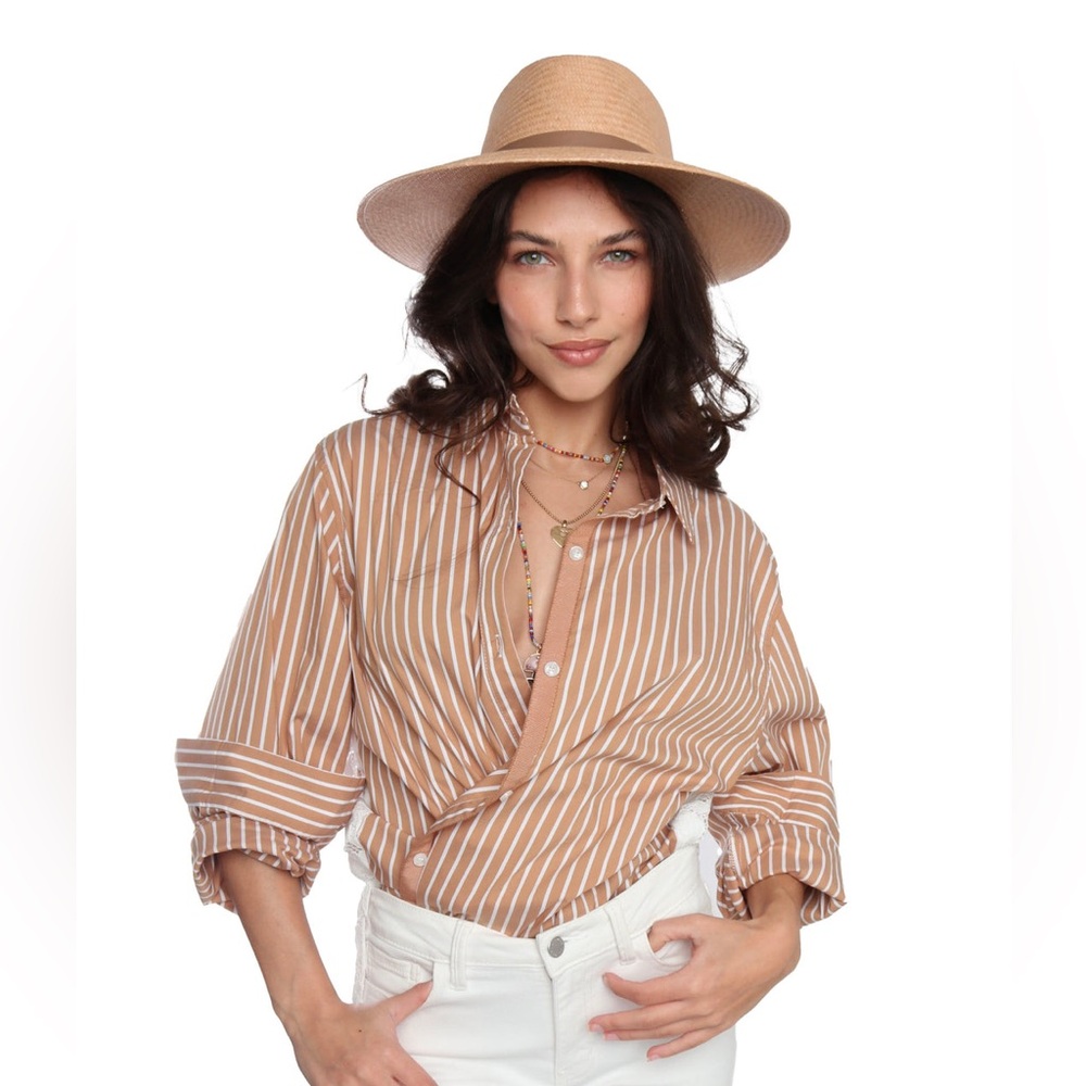 Romi Basha Timeless Boho Tan Striped Lace Shirt Blouse Women’s Size Large XL